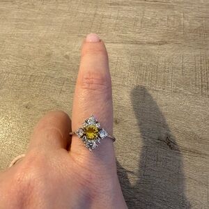 Yellow Stone Halo Ring in Silver-Tone